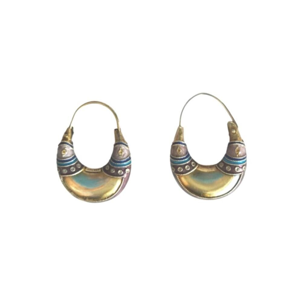 Vintage Gold Plated Purple Enamel Crescent Earrings Sterling Silver 925  Hoop
